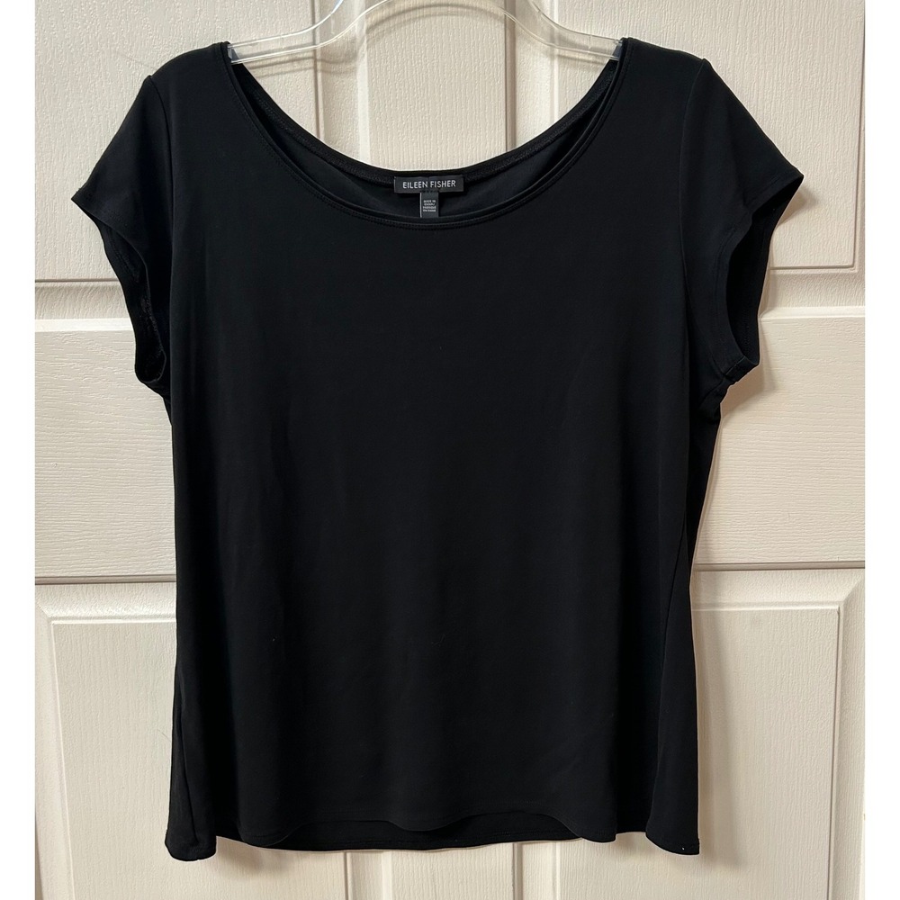 Eileen Fisher Womens L Black 100% Silk Jersey Knit Scoop Neck Cap Sleeve Top - Picture 2 of 7